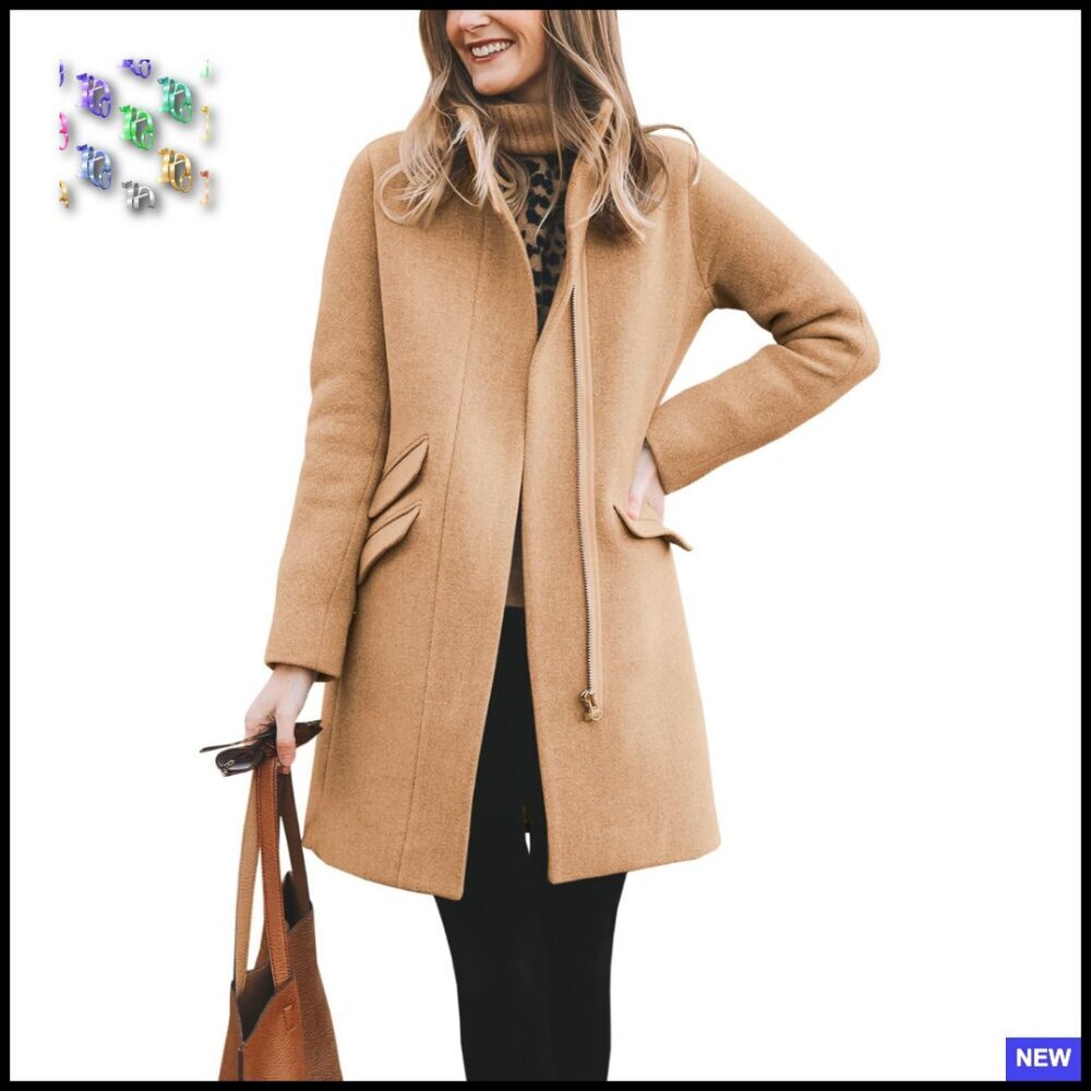 Classic Wool Blend Pea Coat Long Jacket Zip Up Casual Winter Elegant Chic